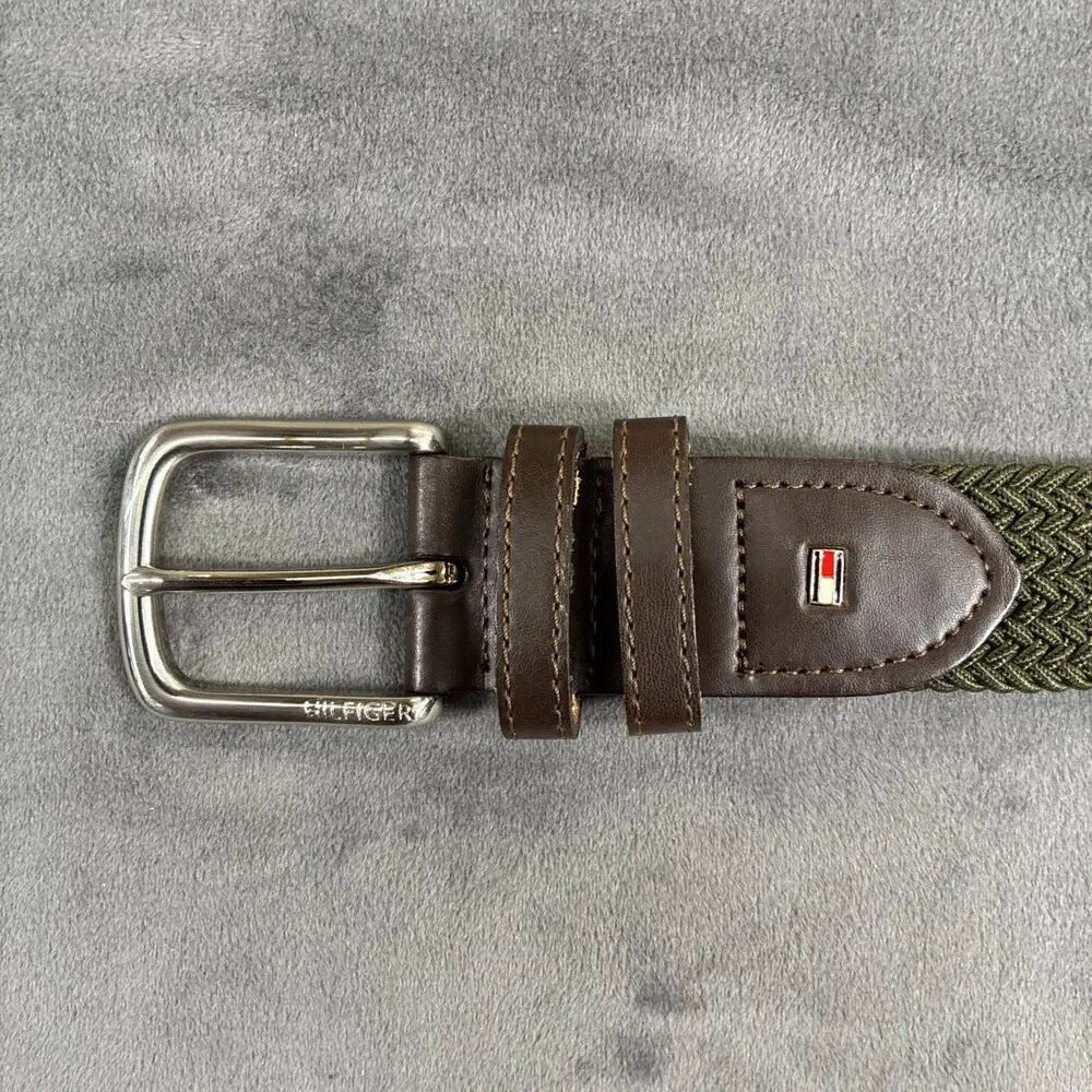 Tommy Hilfiger Web Braided Belt Small Green Stretch Leather Trim Silver Buckle